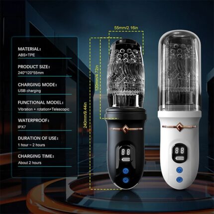 Masturbieren für Männer mit 10 Vibrationen 5 Teleskoprotationen, LED-Anzeige Weicher TPE-Kanal Solo Paare Masturbatoren – Bild 7