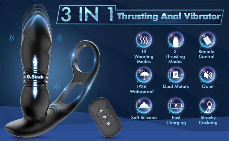 Analvibratoren für Mann mit Dual Penisringe, 12 Vibration 3 Stoßmodi Prostata Stimulation Männer Mit Fernbedienung