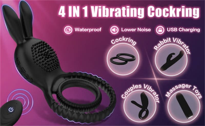 Rabbit 4 in1 Penisring Vibrator mit 10 Vibrationsmodi Penisringe Sex Spielzeug für die Männer